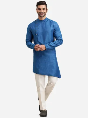 Asymmetrical Blue Silk Jacquard Kurta | The Kurta Company