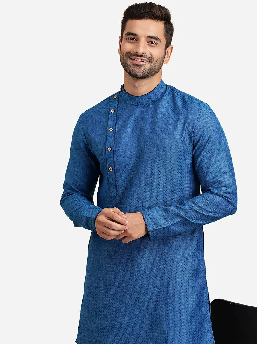 Asymmetrical Blue Silk Jacquard Kurta | The Kurta Company