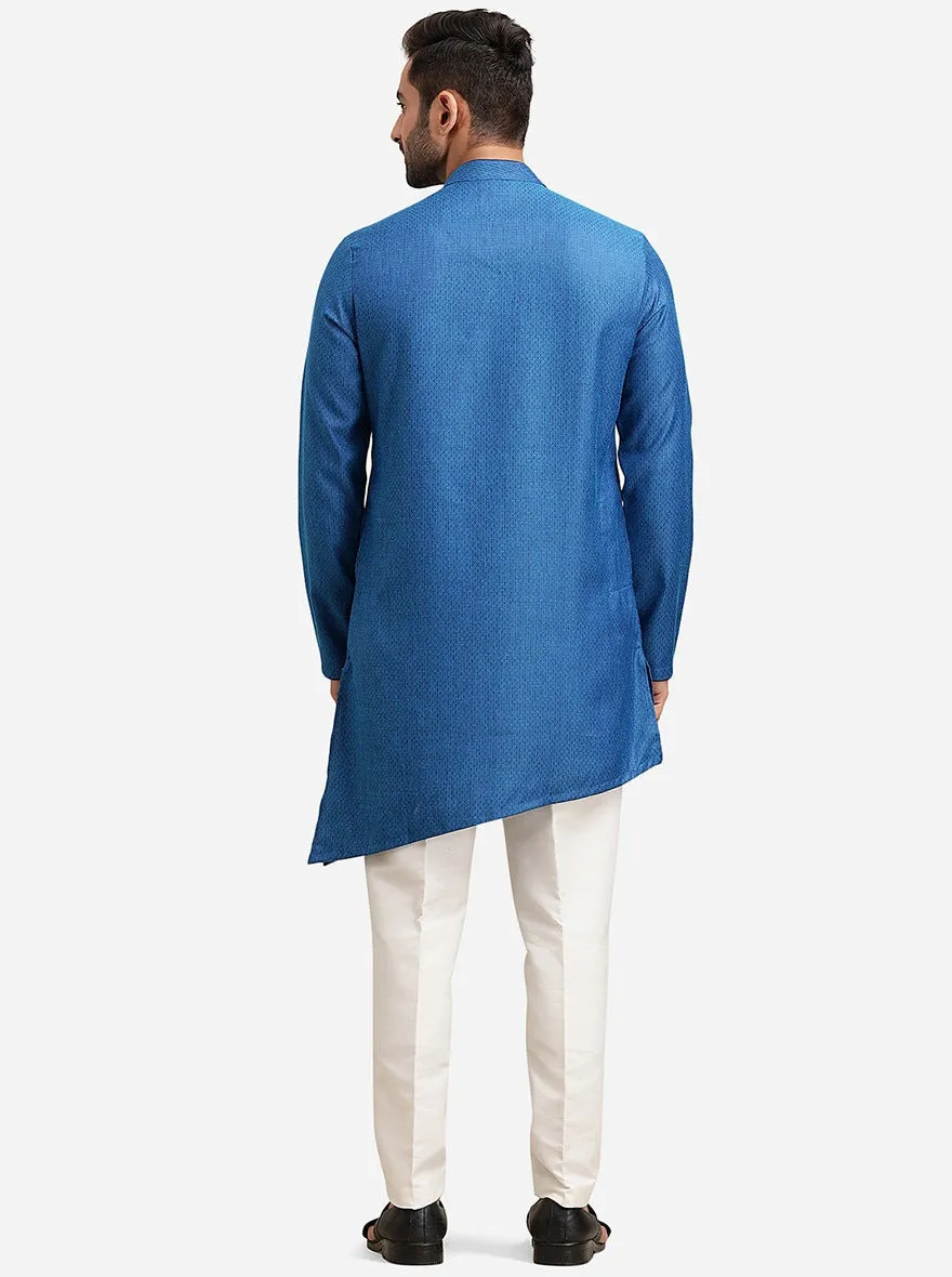 Asymmetrical Blue Silk Jacquard Kurta | The Kurta Company