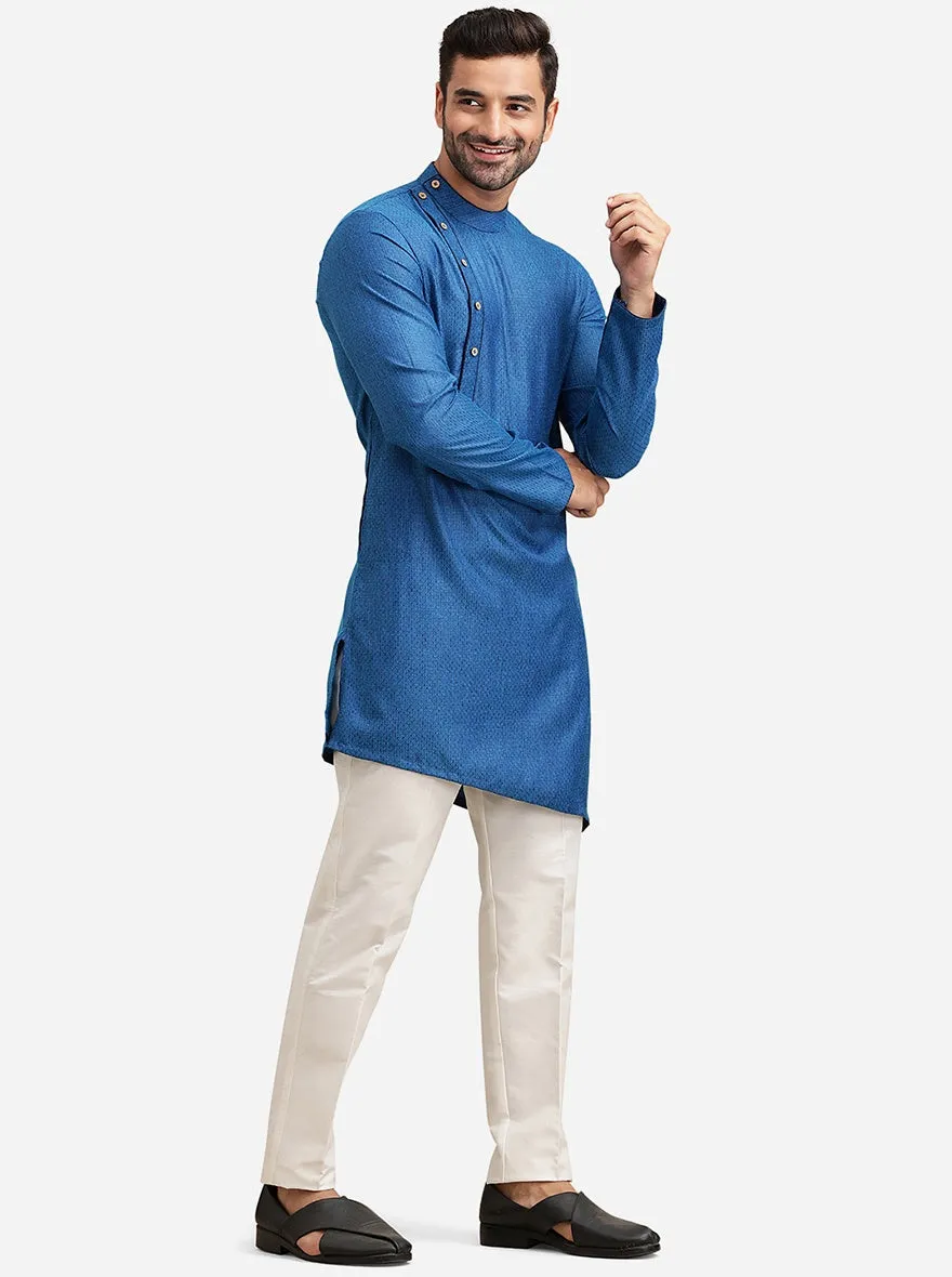 Asymmetrical Blue Silk Jacquard Kurta | The Kurta Company
