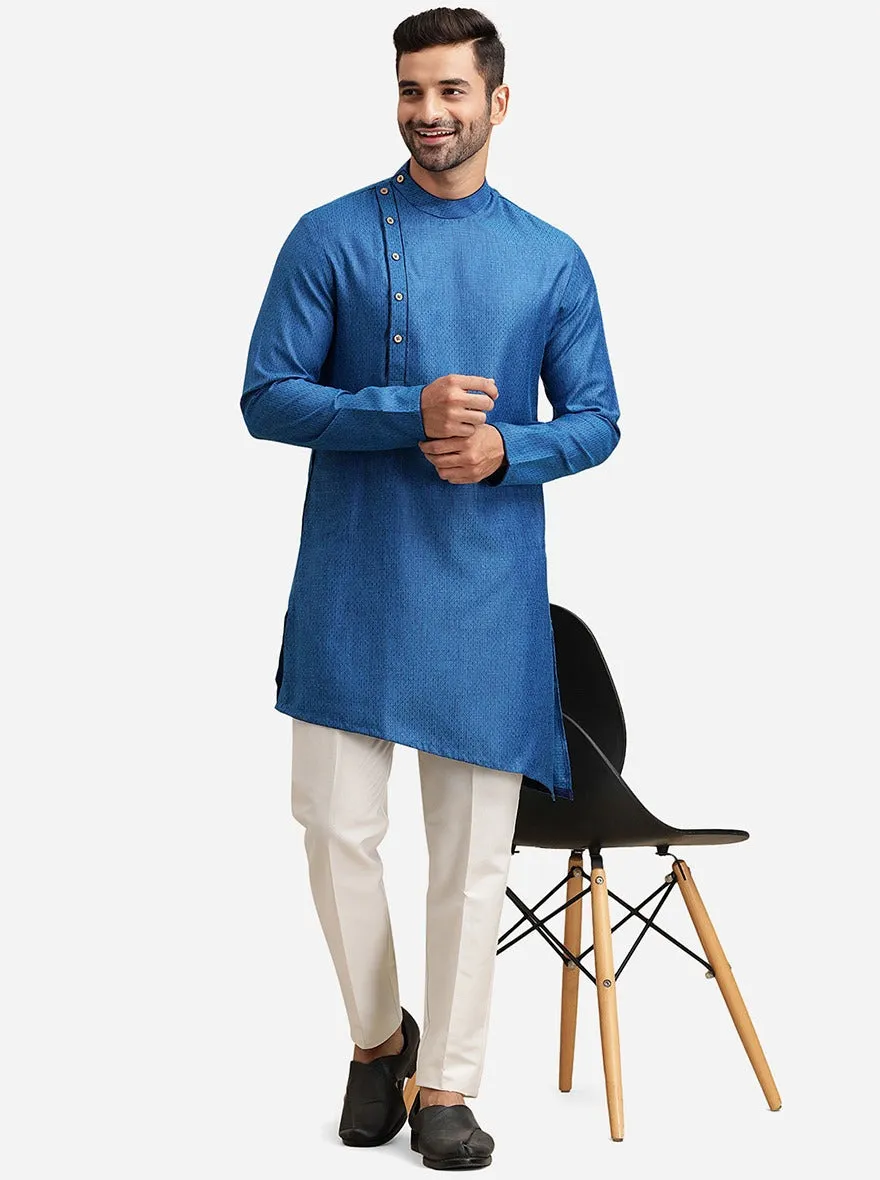 Asymmetrical Blue Silk Jacquard Kurta | The Kurta Company