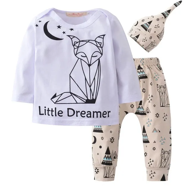 Baby Boy Clothes 2020 Autumn Baby Girl Clothing Sets Newborn Cotton Printed Long Sleeved T-shirt pants cap Kids 3pcs Suit