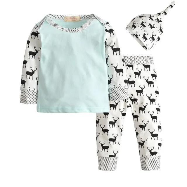 Baby Boy Clothes 2020 Autumn Baby Girl Clothing Sets Newborn Cotton Printed Long Sleeved T-shirt pants cap Kids 3pcs Suit