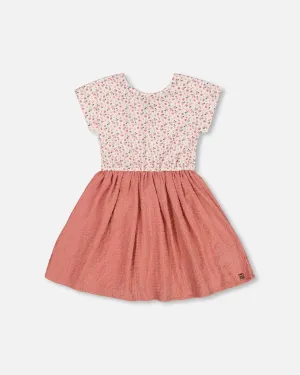 Bi-Material Dress With Printed Top Small Flowers And Pink