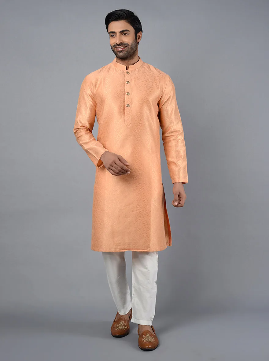 Coral Peach Self Design Regular Fit Kurta | Azania