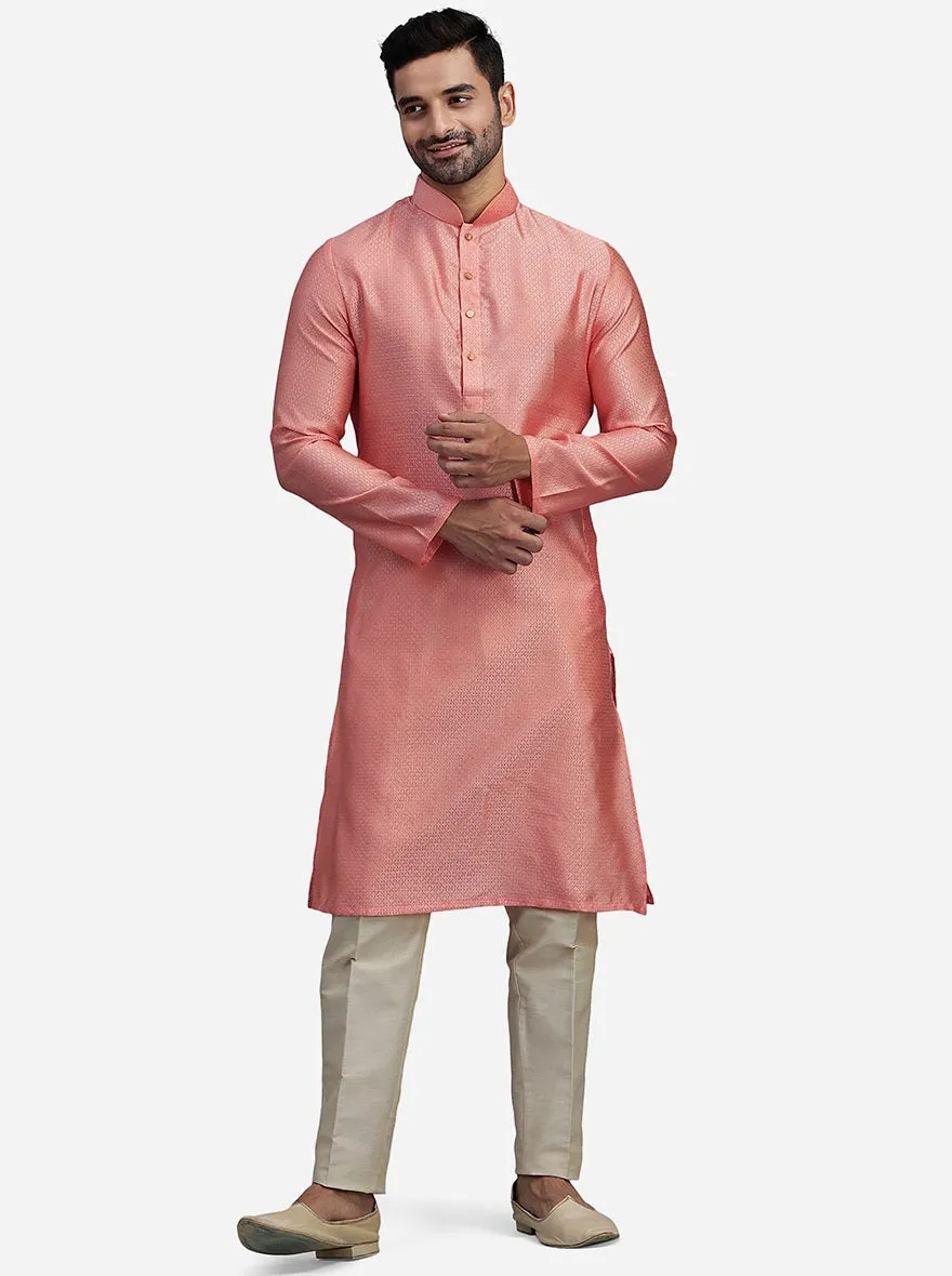Coral Peach Silk Jacquard Self Design Kurta | The Kurta Company