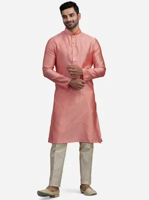 Coral Peach Silk Jacquard Self Design Kurta | The Kurta Company