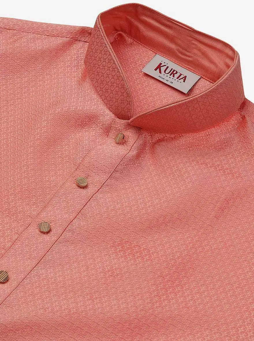 Coral Peach Silk Jacquard Self Design Kurta | The Kurta Company