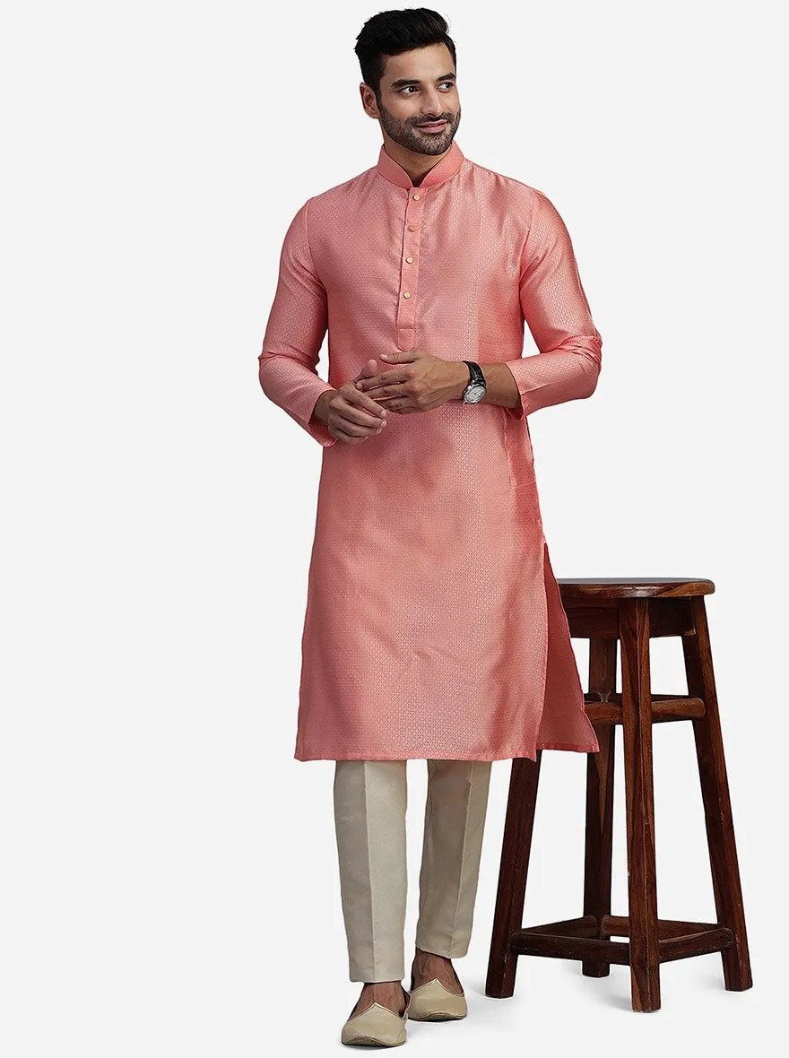Coral Peach Silk Jacquard Self Design Kurta | The Kurta Company