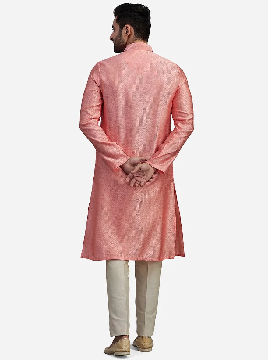 Coral Peach Silk Jacquard Self Design Kurta | The Kurta Company
