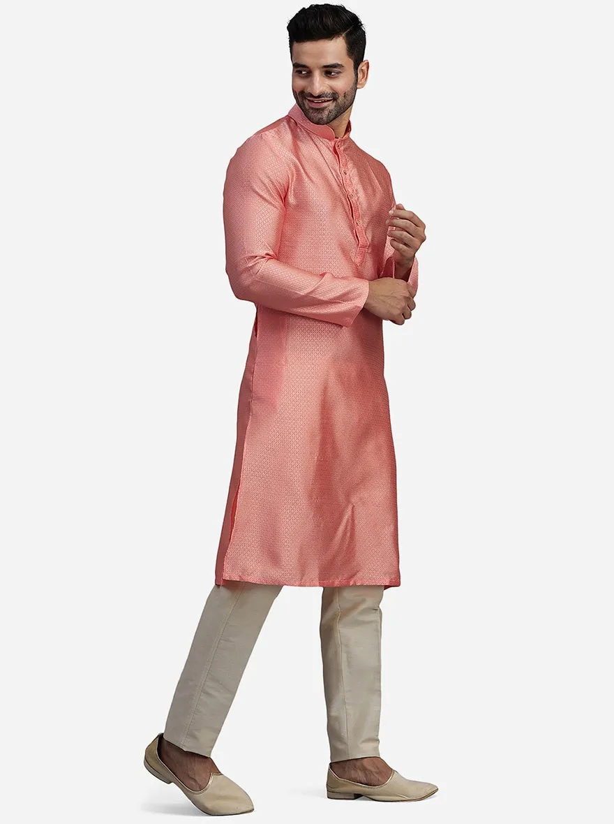 Coral Peach Silk Jacquard Self Design Kurta | The Kurta Company
