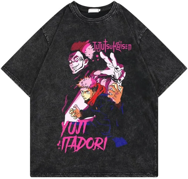 Men's Vintage Wash Anime Pattern Shirt Summer Casual Hip Hop T-Shirt Street Clothing Harajuku Top T-Shirt Y2K Top
