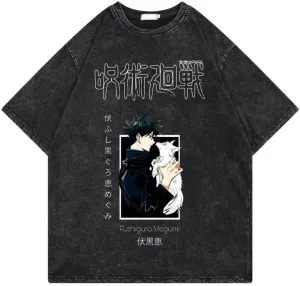 Men's Vintage Wash Anime Pattern Shirt Summer Casual Hip Hop T-Shirt Street Clothing Harajuku Top T-Shirt Y2K Top