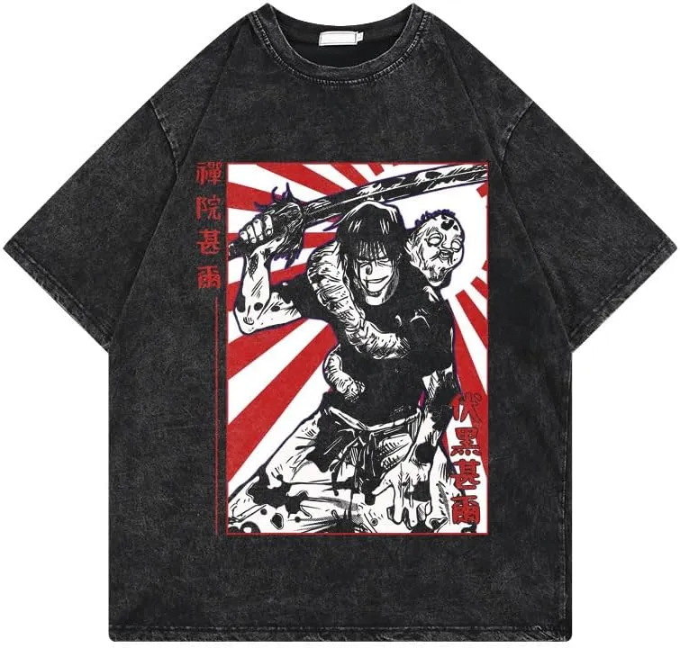 Men's Vintage Wash Anime Pattern Shirt Summer Casual Hip Hop T-Shirt Street Clothing Harajuku Top T-Shirt Y2K Top