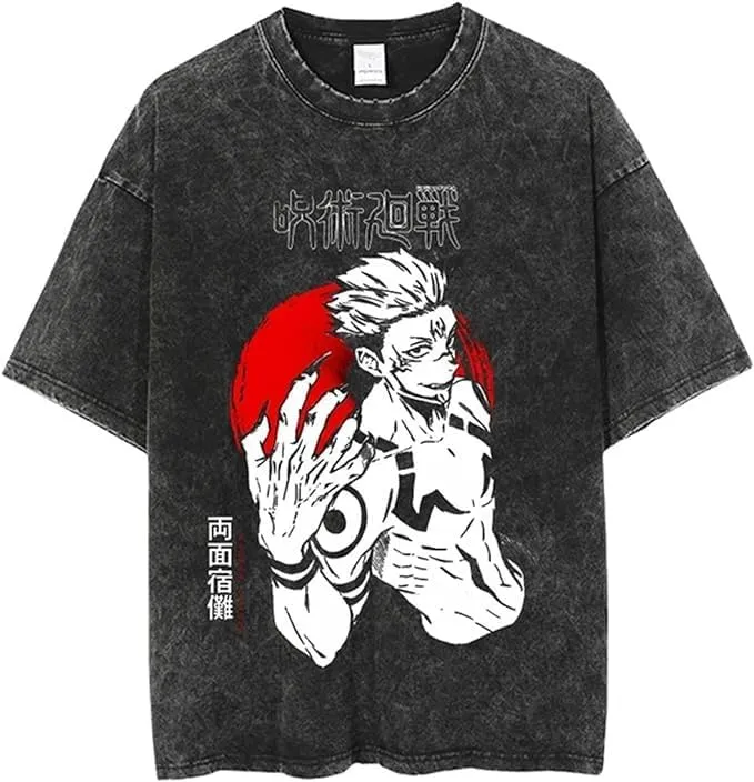Men's Vintage Wash Anime Pattern Shirt Summer Casual Hip Hop T-Shirt Street Clothing Harajuku Top T-Shirt Y2K Top