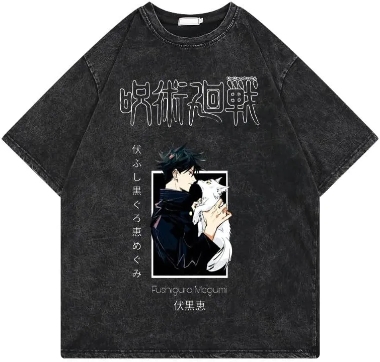 Men's Vintage Wash Anime Pattern Shirt Summer Casual Hip Hop T-Shirt Street Clothing Harajuku Top T-Shirt Y2K Top