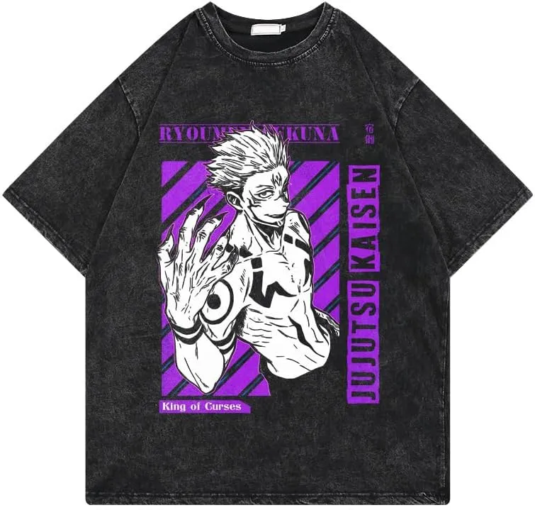 Men's Vintage Wash Anime Pattern Shirt Summer Casual Hip Hop T-Shirt Street Clothing Harajuku Top T-Shirt Y2K Top