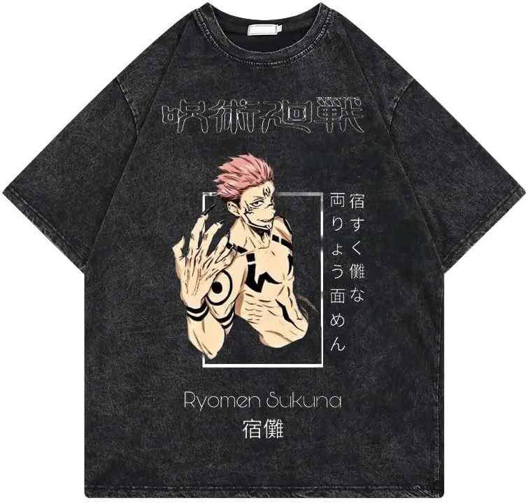 Men's Vintage Wash Anime Pattern Shirt Summer Casual Hip Hop T-Shirt Street Clothing Harajuku Top T-Shirt Y2K Top