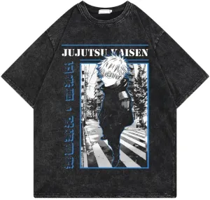 Men's Vintage Wash Anime Pattern Shirt Summer Casual Hip Hop T-Shirt Street Clothing Harajuku Top T-Shirt Y2K Top