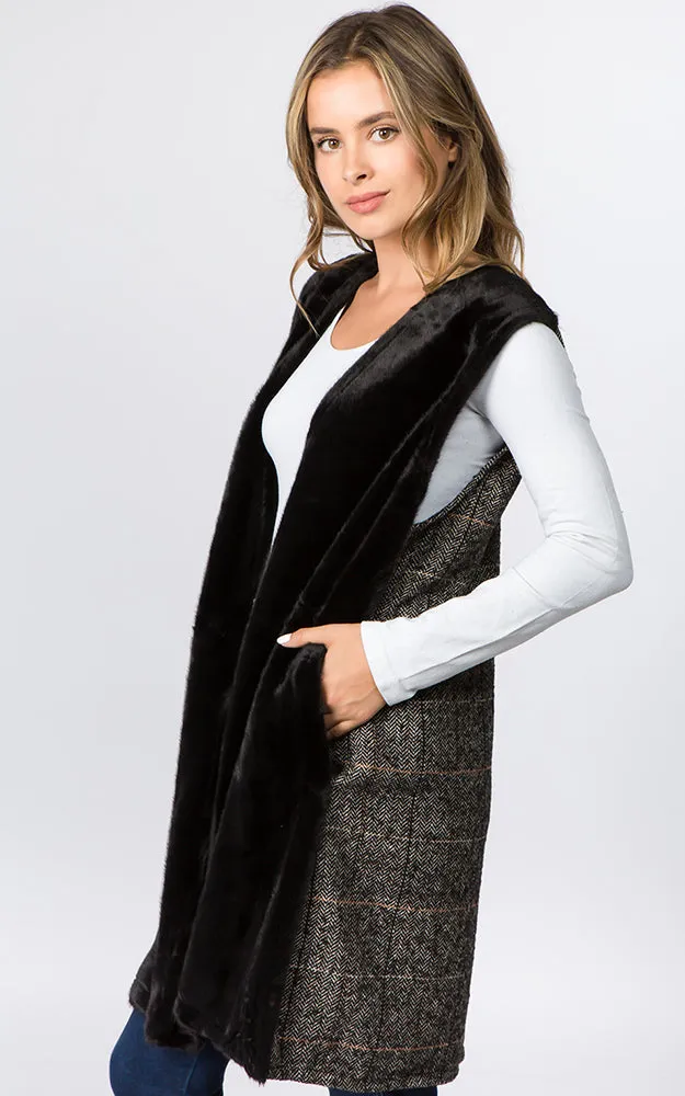 VA96B5 Front Faux Fur with Plaid Back Design Vest