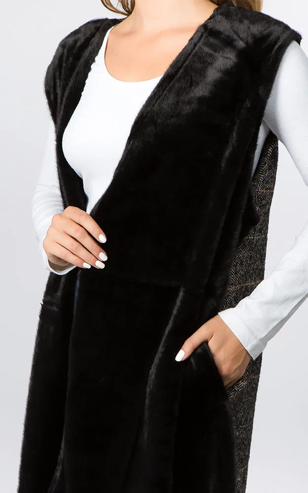 VA96B5 Front Faux Fur with Plaid Back Design Vest